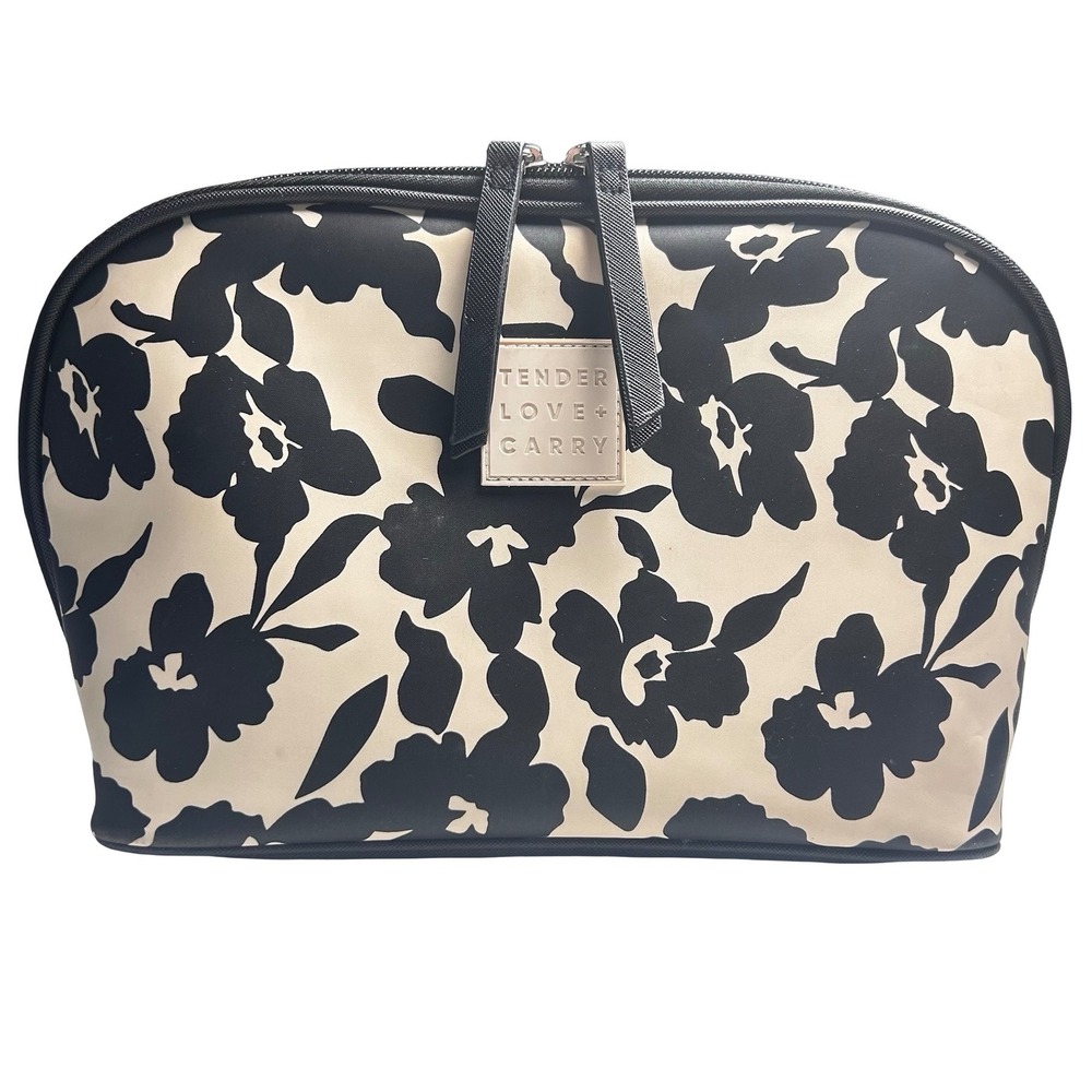 Tender Love + Carry Floral Makeup Bag Black Cream Cosmetic Case Zip Pouch